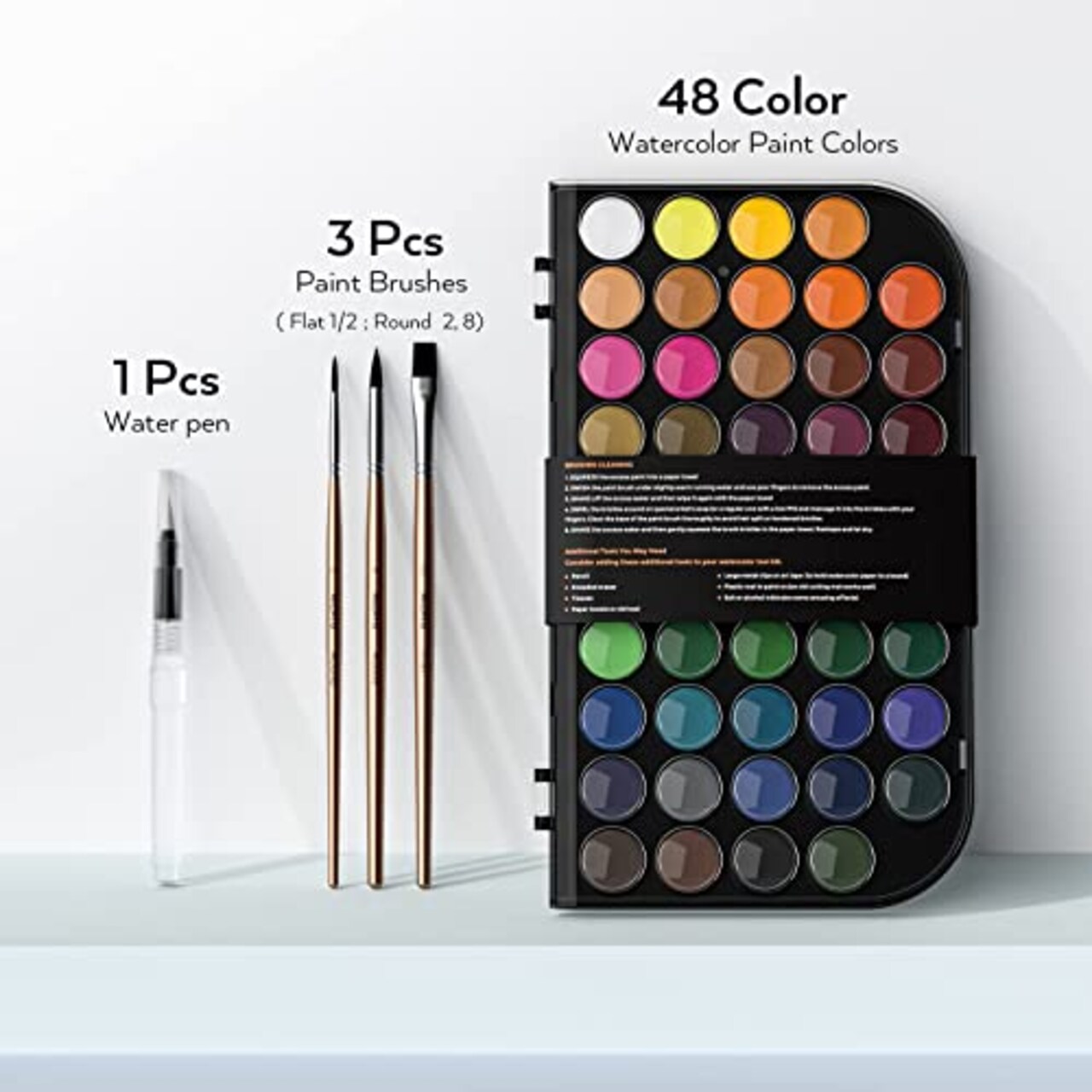 Watercolor Paint Set, 48 Water Colors Kit with 3 Squirrel Brushes, Palette, Watercolor Pen, Non-toxic Painting Supplies for Kids, Adults, Students, Beginners and Artists